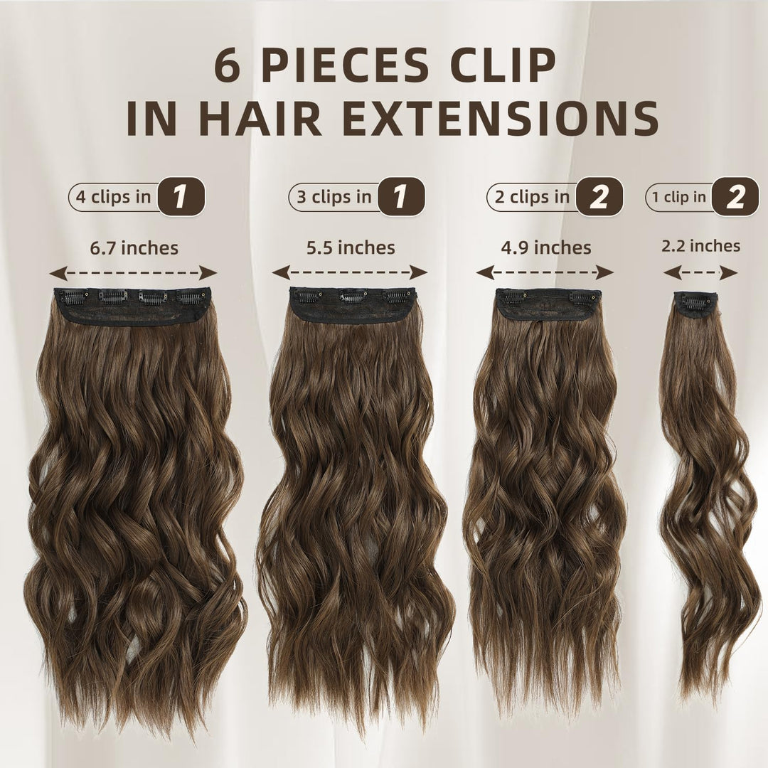 Clip in Hair Extensions for wedding, 6 PCS Natural & Soft Hair & Blends Well Hair Extensions, Medium Brown Long Wavy Hairpieces(20inch, 6pcs, Medium Brown)