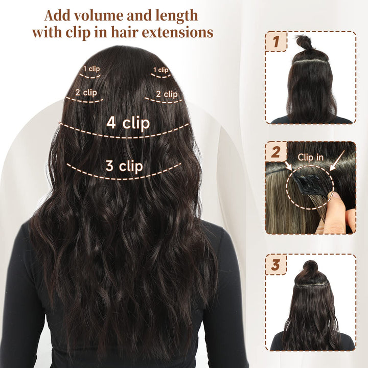 Clip in Hair Extensions, 6 PCS Natural & Soft Hair & Blends Well Lonng Wavy Hairpieces(20inch, 6pcs, Black&Dark mix light brown)