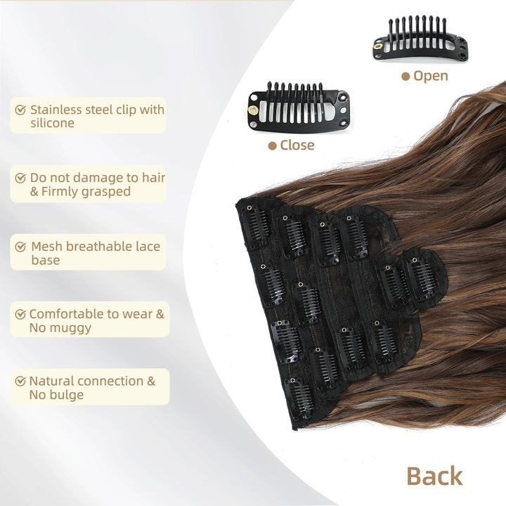 Highlight balayage dark brown Hairpieces, Natural & Blends Well Clip in Hair Extensions (20inch, 6pcs, Light Brown&Honey Blonde)