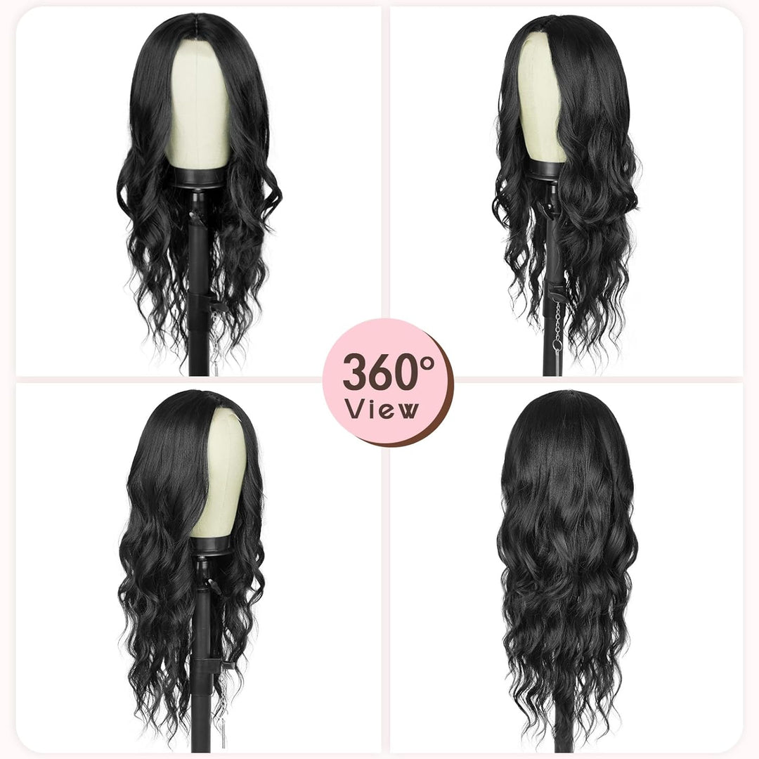 Long Wavy Wig for Women, 26 Inch Synthetic Lace Hairline Black Wigs, Natural-Looking Secure Fit, Soft Heat Resistant Fiber