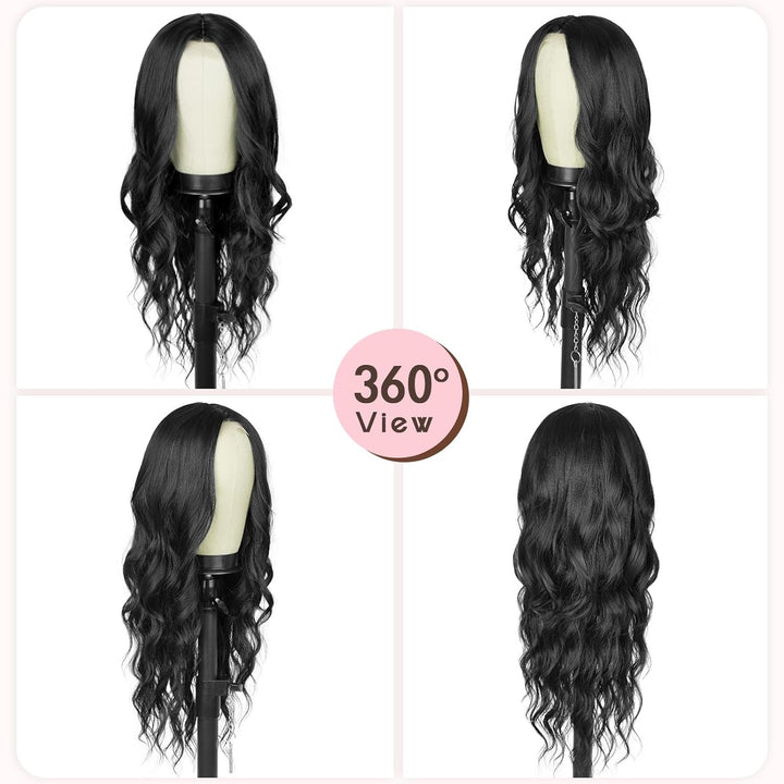 Long Wavy Wig for Women, 26 Inch Synthetic Lace Hairline Black Wigs, Natural-Looking Secure Fit, Soft Heat Resistant Fiber