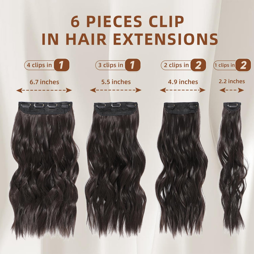 Clip in Hair Extensions, 6 PCS 1 6 Inch Hair Extensions Clip Ins, Dark Brown Long Wavy Hairpieces(16inch, 6pcs, Dark Brown)