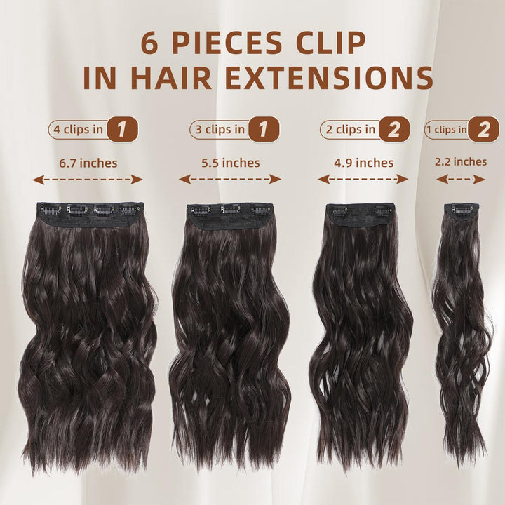 Clip in Hair Extensions, 6 PCS 1 6 Inch Hair Extensions Clip Ins, Dark Brown Long Wavy Hairpieces(16inch, 6pcs, Dark Brown)