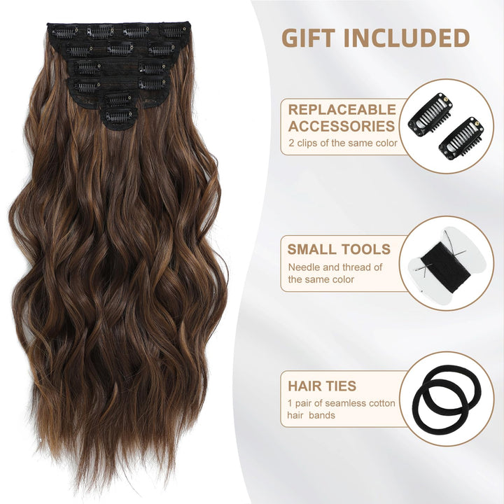 Highlight balayage dark brown Hairpieces, Natural & Blends Well Clip in Hair Extensions (20inch, 6pcs, Light Brown&Honey Blonde)