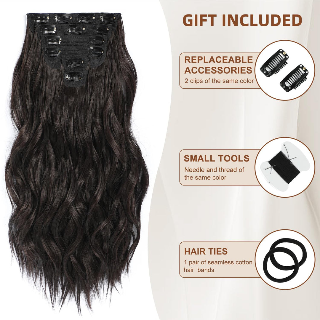 Clip in Hair Extensions, 6 PCS Natural & Soft Hair & Blends Well Hair Extensions, Dark Brown Long Wavy Hairpieces(20inch, 6pcs, Dark Brown)