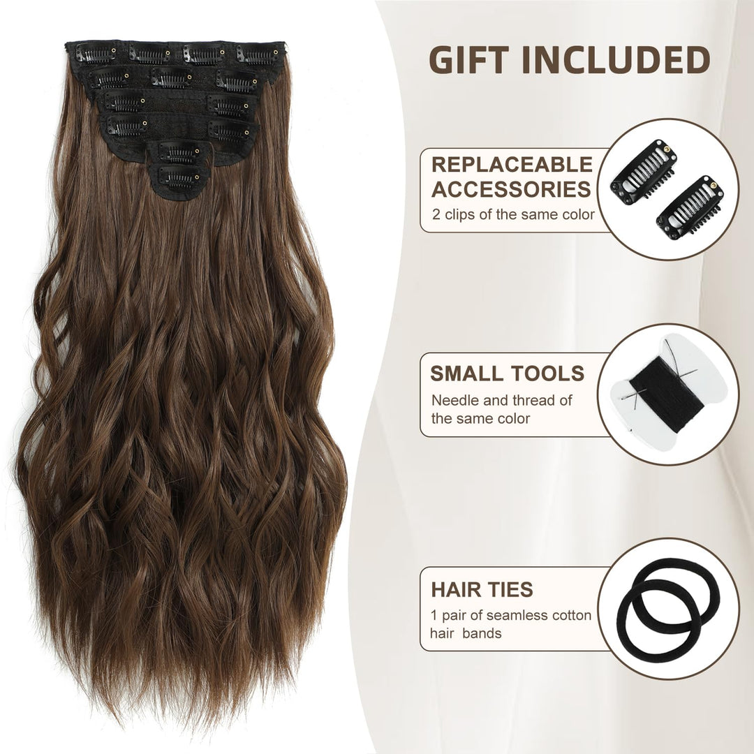 Clip in Hair Extensions, 6 PCS Light Brown Extensions, Wavy Hair Extensions, Natural & Soft Hair & Blends Well, Chocolate Brown Long Wavy Hairpieces(20inch, 6pcs, Chocolate Brown)