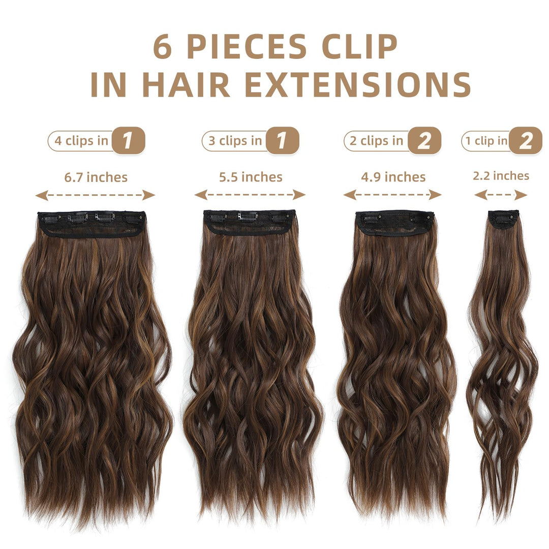 Highlight balayage dark brown Hairpieces, Natural & Blends Well Clip in Hair Extensions (20inch, 6pcs, Light Brown&Honey Blonde)