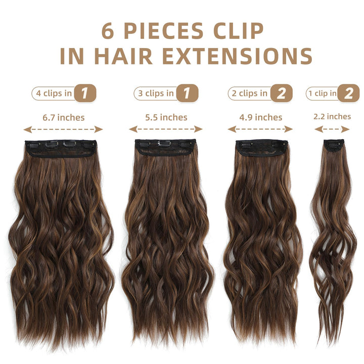 Highlight balayage dark brown Hairpieces, Natural & Blends Well Clip in Hair Extensions (20inch, 6pcs, Light Brown&Honey Blonde)