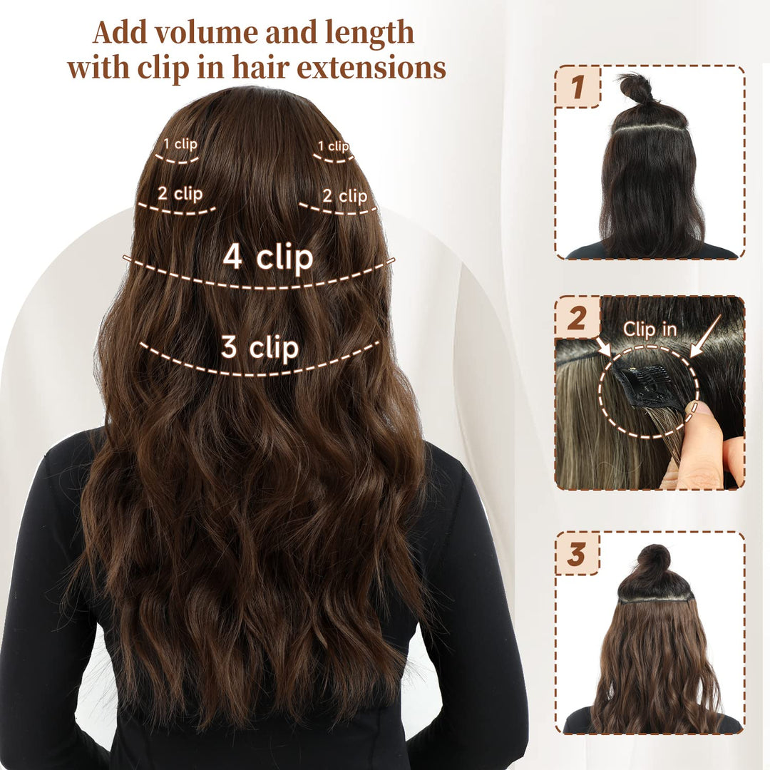 Clip in Hair Extensions, 6 PCS Light Brown Extensions, Wavy Hair Extensions, Natural & Soft Hair & Blends Well, Chocolate Brown Long Wavy Hairpieces(20inch, 6pcs, Chocolate Brown)