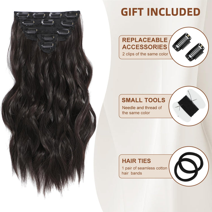 Clip in Hair Extensions, 6 PCS 1 6 Inch Hair Extensions Clip Ins, Dark Brown Long Wavy Hairpieces(16inch, 6pcs, Dark Brown)