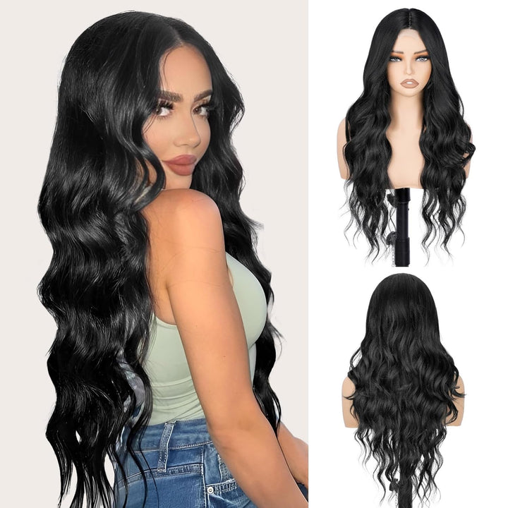 Long Wavy Wig for Women, 26 Inch Synthetic Lace Hairline Black Wigs, Natural-Looking Secure Fit, Soft Heat Resistant Fiber