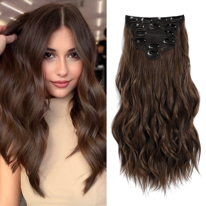 Clip in Hair Extensions, 6 PCS Light Brown Extensions, Wavy Hair Extensions, Natural & Soft Hair & Blends Well, Chocolate Brown Long Wavy Hairpieces(20inch, 6pcs, Chocolate Brown)