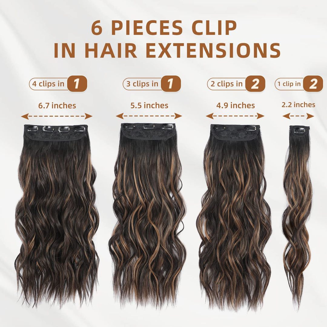 Clip in Hair Extensions, 6 PCS Natural & Soft Hair & Blends Well Lonng Wavy Hairpieces(20inch, 6pcs, Black&Dark mix light brown)