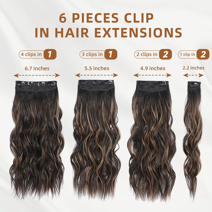 Clip in Hair Extensions, 6 PCS Natural & Soft Hair & Blends Well Lonng Wavy Hairpieces(20inch, 6pcs, Black&Dark mix light brown)