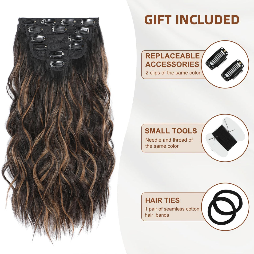 Clip in Hair Extensions, 6 PCS Natural & Soft Hair & Blends Well Lonng Wavy Hairpieces(20inch, 6pcs, Black&Dark mix light brown)