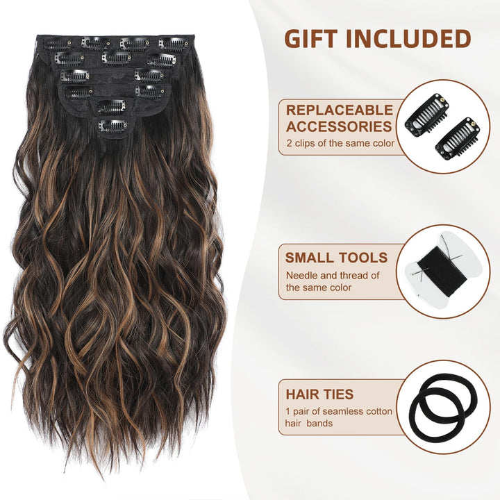 Clip in Hair Extensions, 6 PCS Natural & Soft Hair & Blends Well Lonng Wavy Hairpieces(20inch, 6pcs, Black&Dark mix light brown)
