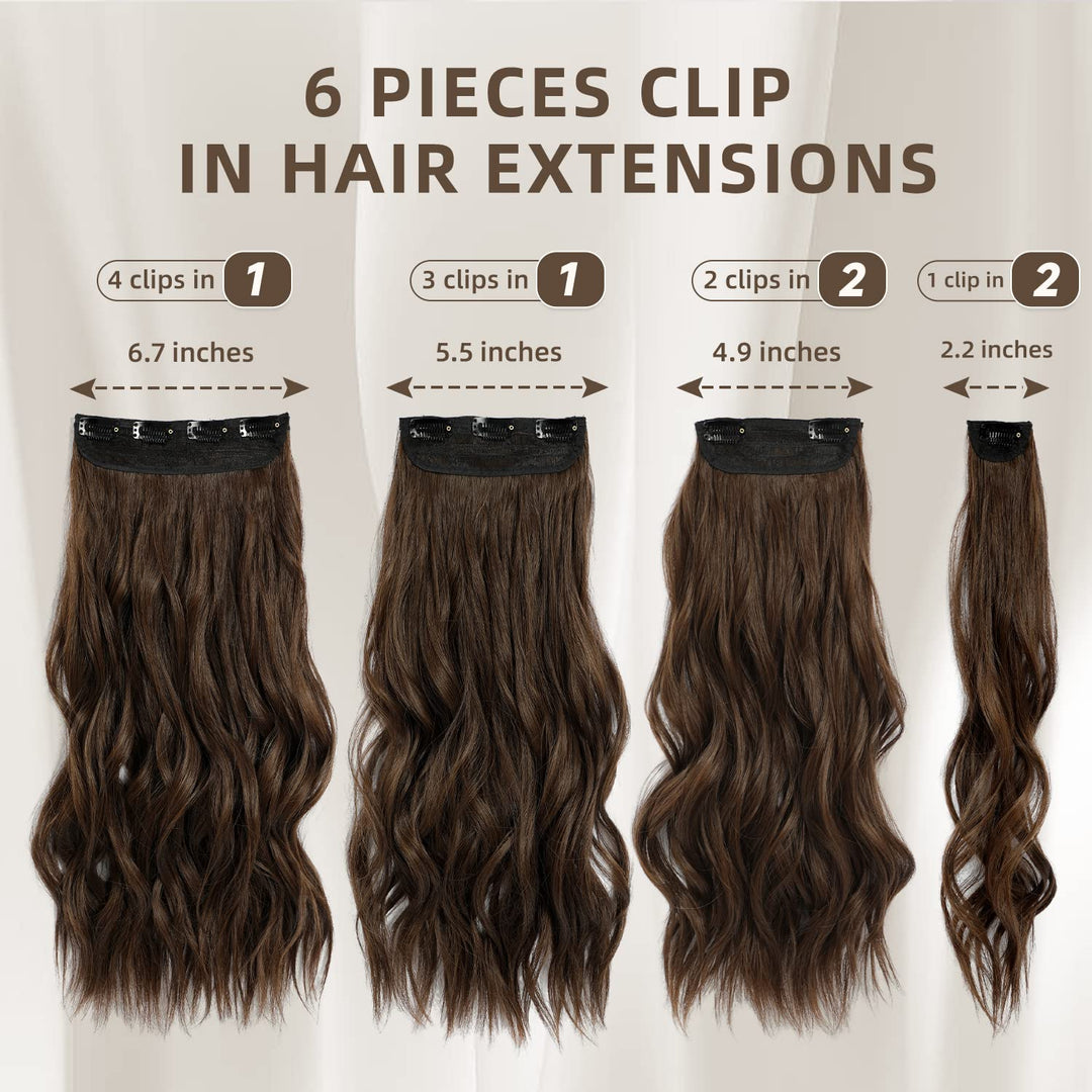 Clip in Hair Extensions, 6 PCS Light Brown Extensions, Wavy Hair Extensions, Natural & Soft Hair & Blends Well, Chocolate Brown Long Wavy Hairpieces(20inch, 6pcs, Chocolate Brown)