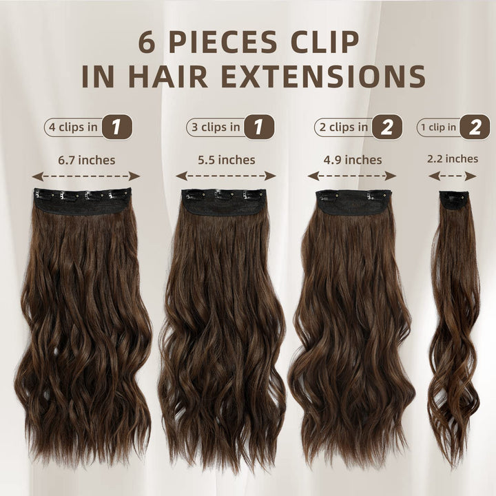 Clip in Hair Extensions, 6 PCS Light Brown Extensions, Wavy Hair Extensions, Natural & Soft Hair & Blends Well, Chocolate Brown Long Wavy Hairpieces(20inch, 6pcs, Chocolate Brown)