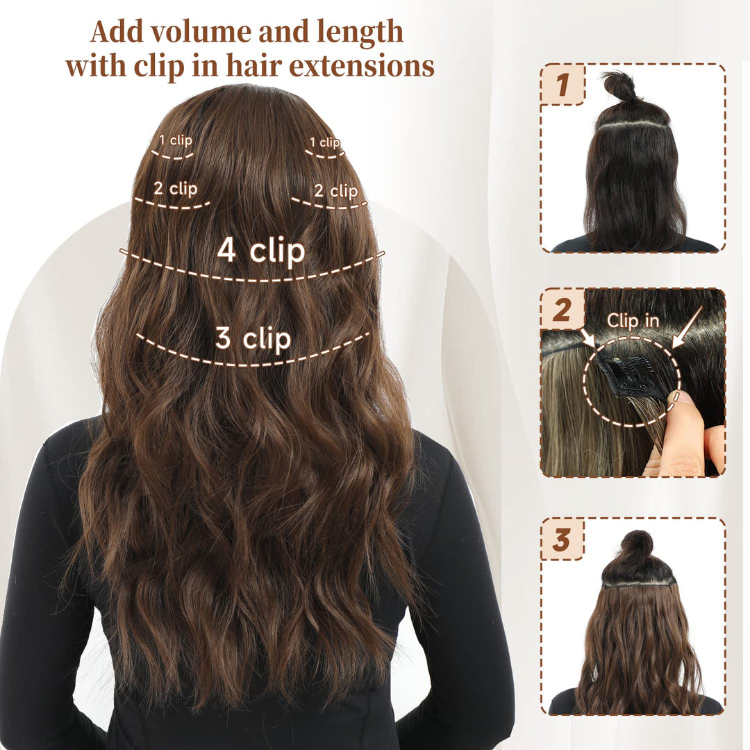 Highlight balayage dark brown Hairpieces, Natural & Blends Well Clip in Hair Extensions (20inch, 6pcs, Light Brown&Honey Blonde)