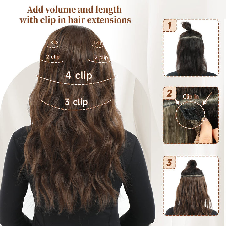 Highlight balayage dark brown Hairpieces, Natural & Blends Well Clip in Hair Extensions (20inch, 6pcs, Light Brown&Honey Blonde)