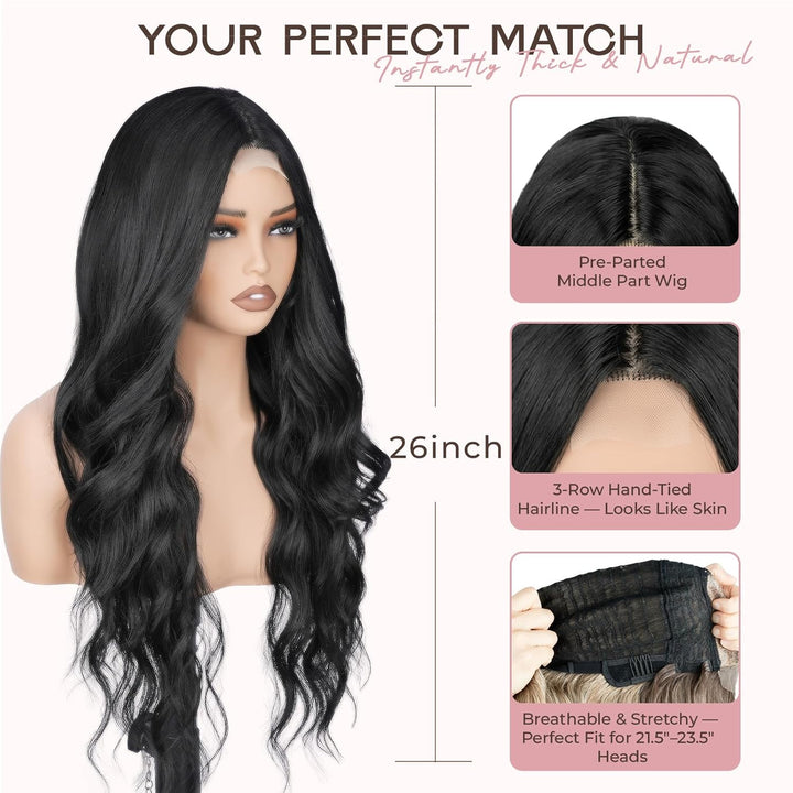 Long Wavy Wig for Women, 26 Inch Synthetic Lace Hairline Black Wigs, Natural-Looking Secure Fit, Soft Heat Resistant Fiber