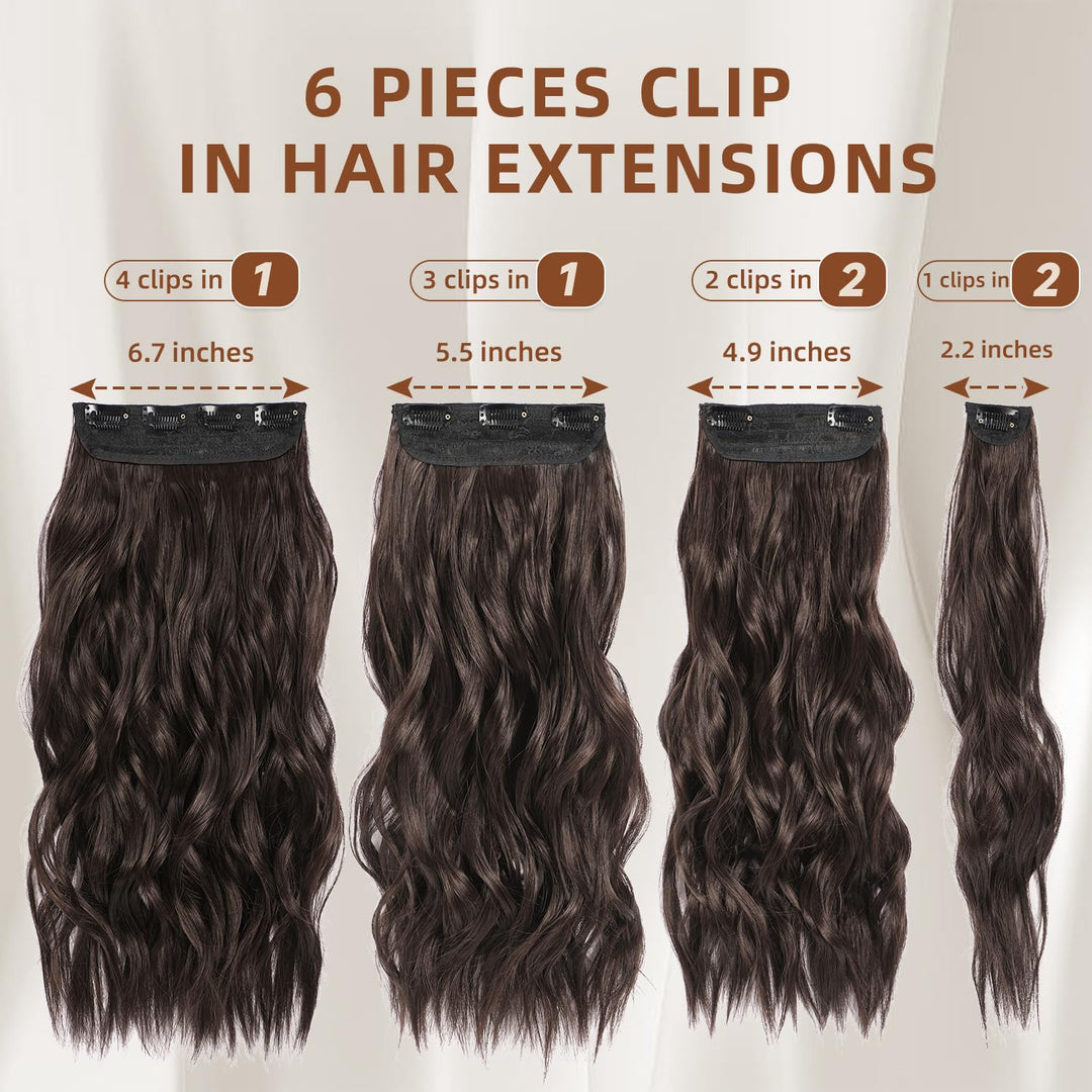 Clip in Hair Extensions, 6 PCS Natural & Soft Hair & Blends Well Hair Extensions, Dark Brown Long Wavy Hairpieces(20inch, 6pcs, Dark Brown)