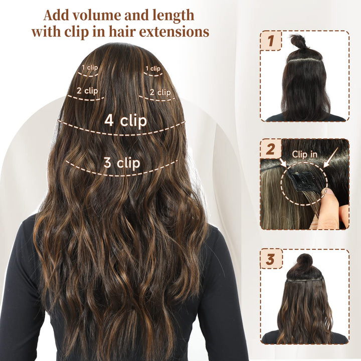 Clip in Hair Extensions, Highlight balayage dark brown Hair Extensions, 6 PCS Hairpieces, Natural & Blends Well (20inch, 6pcs, Dark roasted coffee & Caraamel brown)