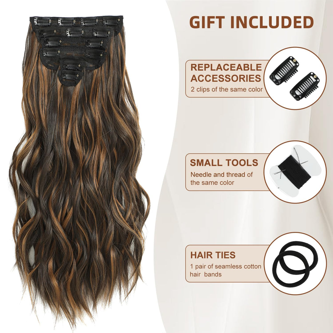 Clip in Hair Extensions, Highlight balayage dark brown Hair Extensions, 6 PCS Hairpieces, Natural & Blends Well (20inch, 6pcs, Dark roasted coffee & Caraamel brown)