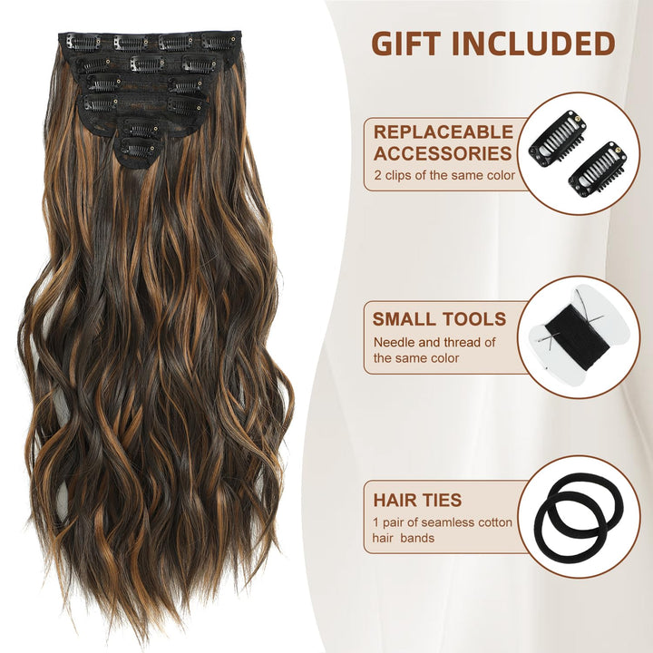 Clip in Hair Extensions, Highlight balayage dark brown Hair Extensions, 6 PCS Hairpieces, Natural & Blends Well (20inch, 6pcs, Dark roasted coffee & Caraamel brown)