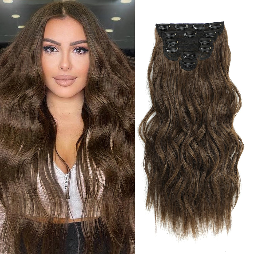 Clip in Hair Extensions, 6 PCS Natural & Soft Hair & Blends Well Hair Extensions, Medium Brown Long Wavy Hairpieces(20inch, 6pcs, Medium Brown)