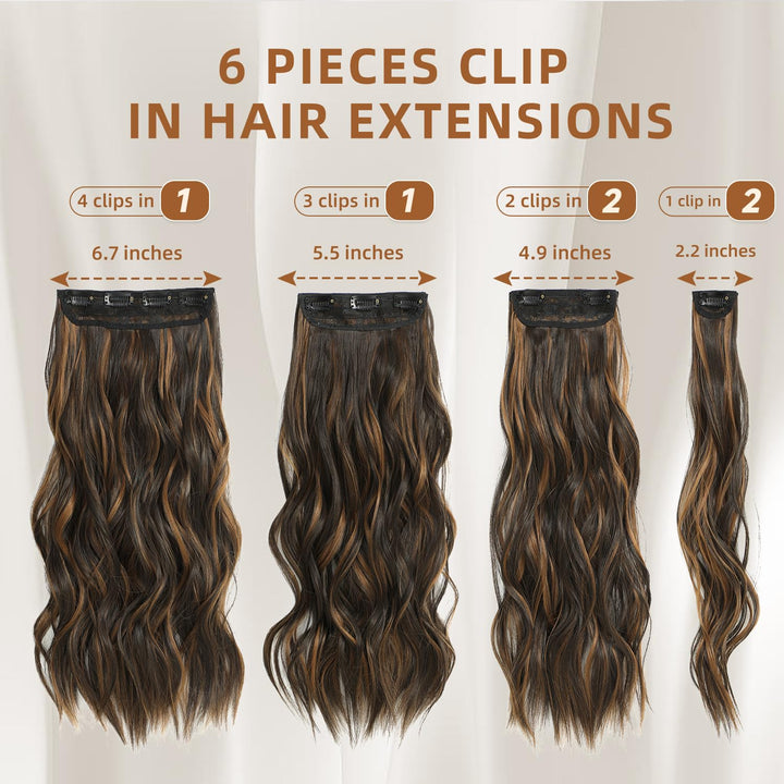 Clip in Hair Extensions, Highlight balayage dark brown Hair Extensions, 6 PCS Hairpieces, Natural & Blends Well (20inch, 6pcs, Dark roasted coffee & Caraamel brown)