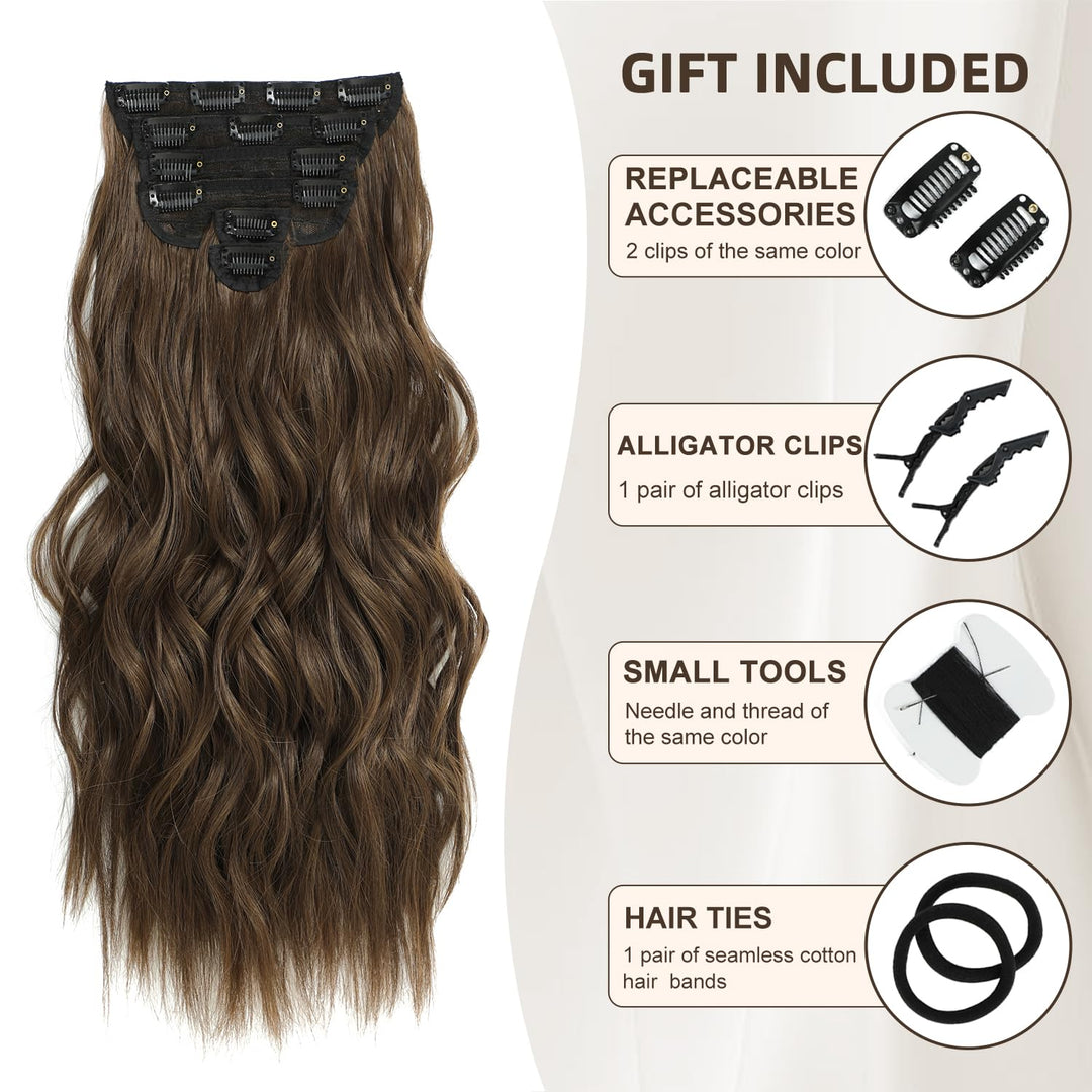 Clip in Hair Extensions for wedding, 6 PCS Natural & Soft Hair & Blends Well Hair Extensions, Medium Brown Long Wavy Hairpieces(20inch, 6pcs, Medium Brown)