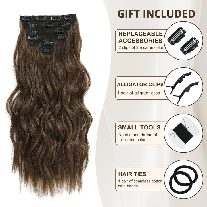 Clip in Hair Extensions for wedding, 6 PCS Natural & Soft Hair & Blends Well Hair Extensions, Medium Brown Long Wavy Hairpieces(20inch, 6pcs, Medium Brown)